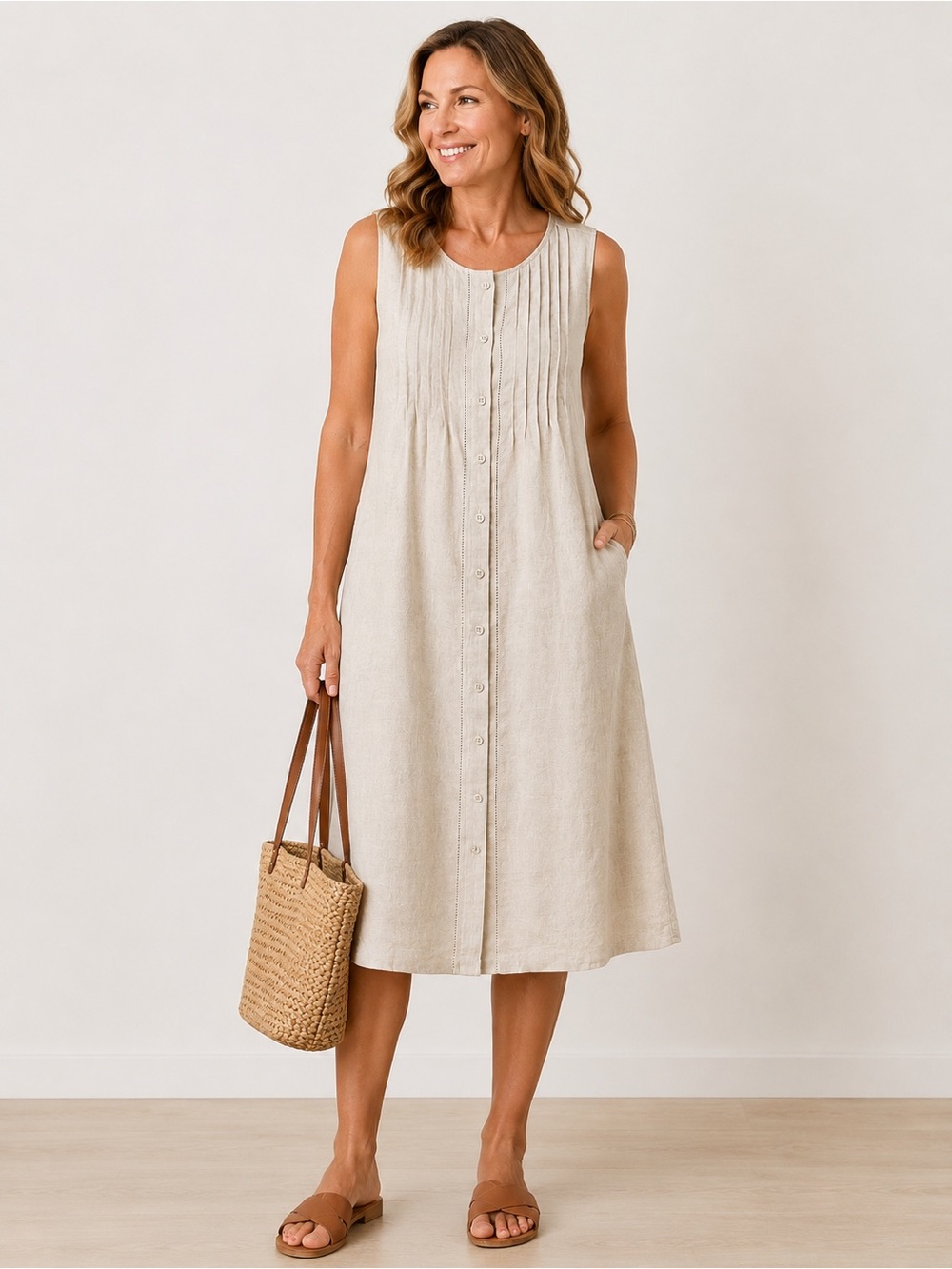 L.L.Bean NWT Washable Linen Flax Midi Dress Size 14 Natural Button Front Pockets